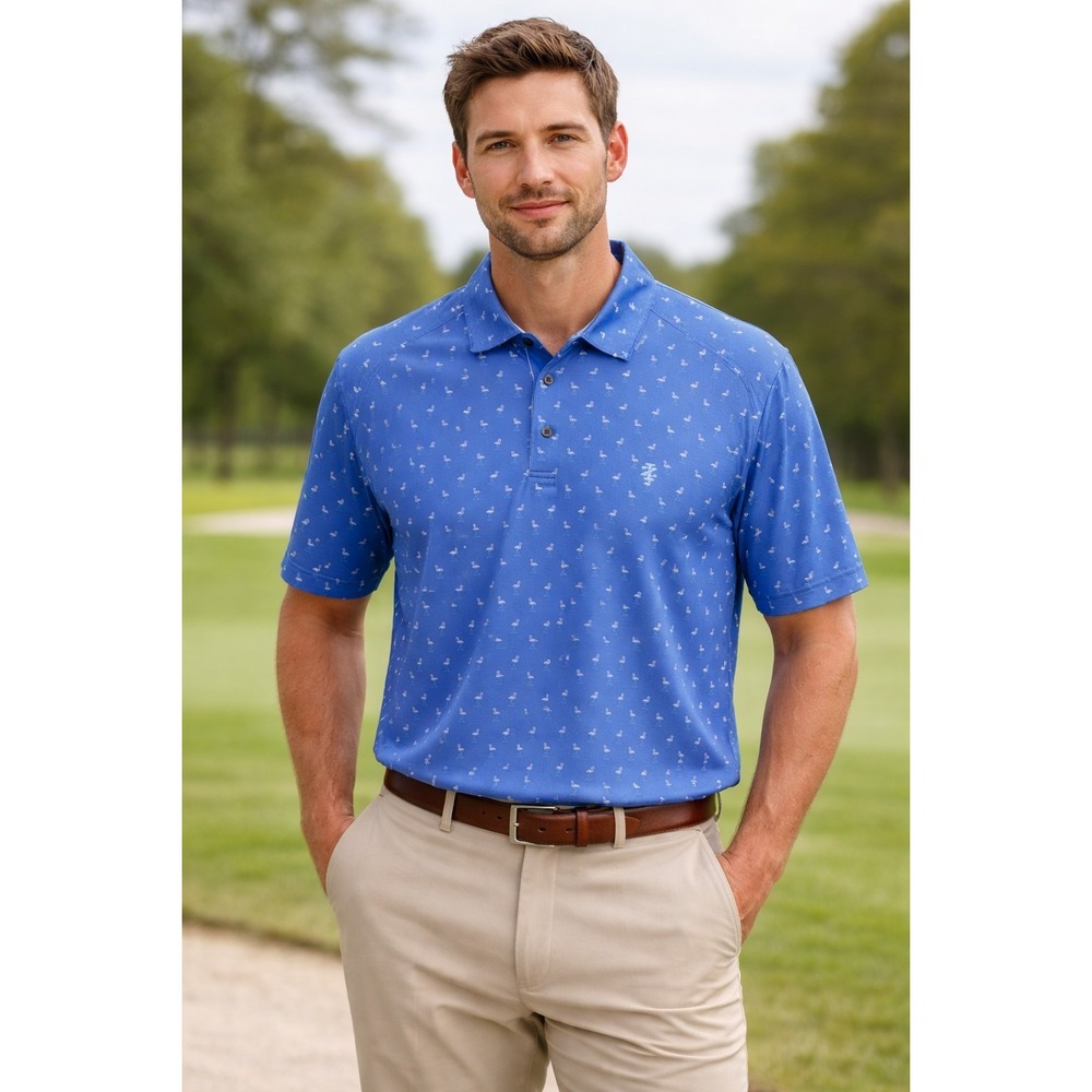 IZOD Golf Performance Polo Shirt Mens XL Blue Flamingo AllOverPrint Short Sleeve